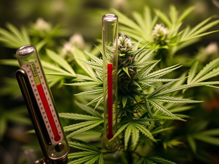 cannabis leaves with two thermometers
