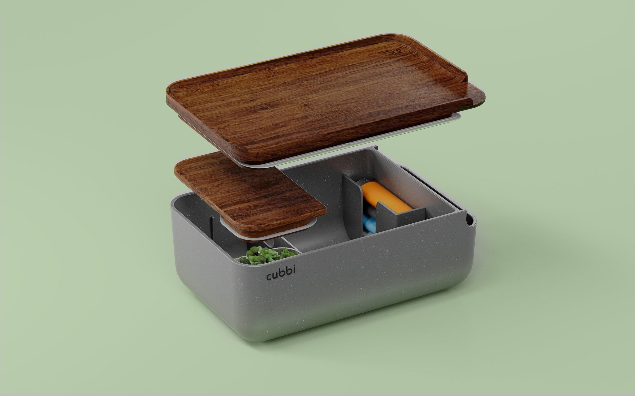 Cubbi Stash Box: airtight, smell-proof cannabis storage. Wood, bamboo rolling tray.