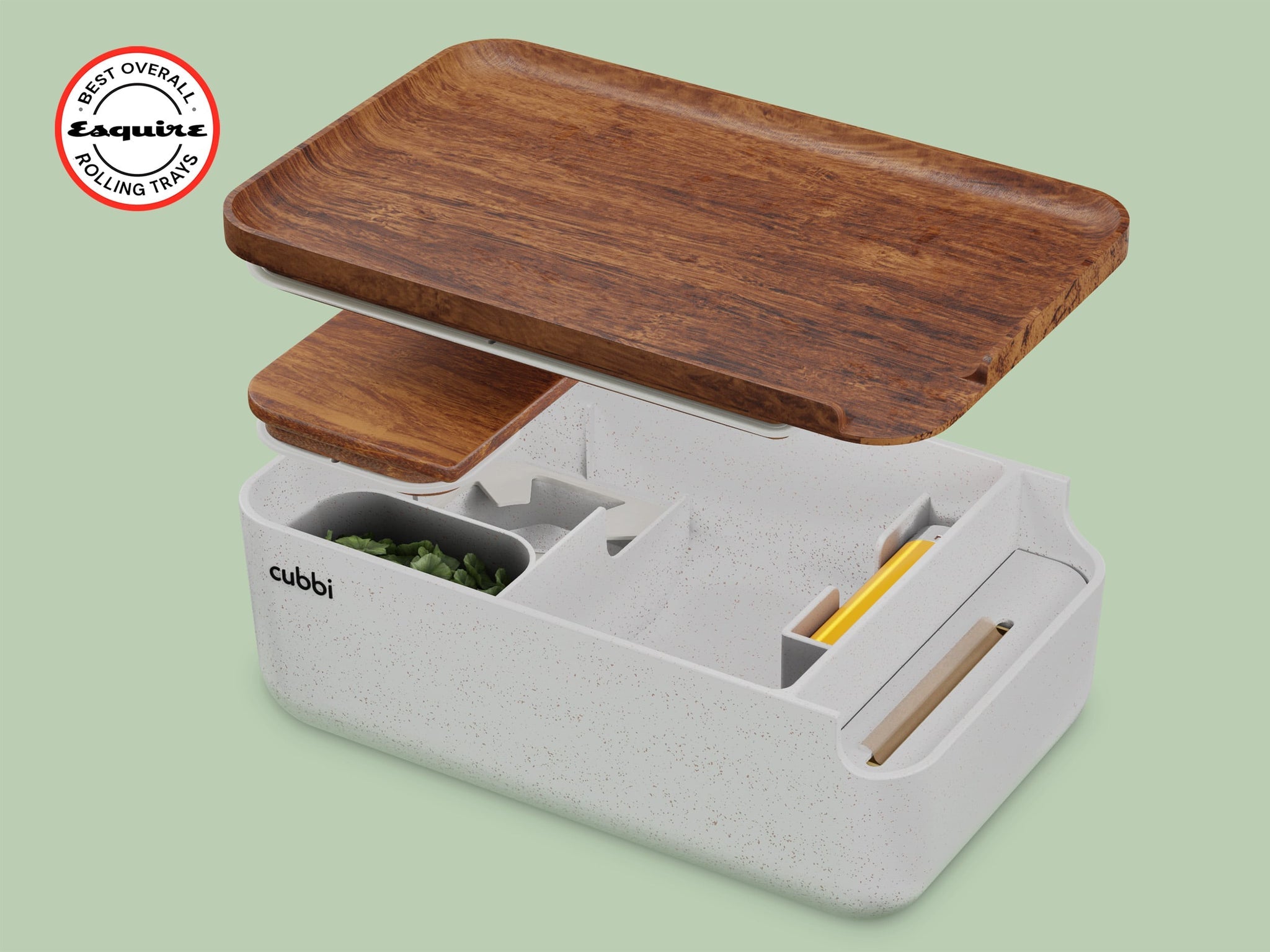 A isometric view photo of a Cubbi Stash Box, highlighting the white box and wooden rolling tray.