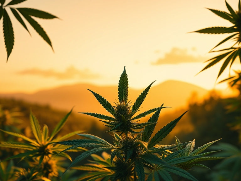 A view of the sunset with cannabis on the foreground.