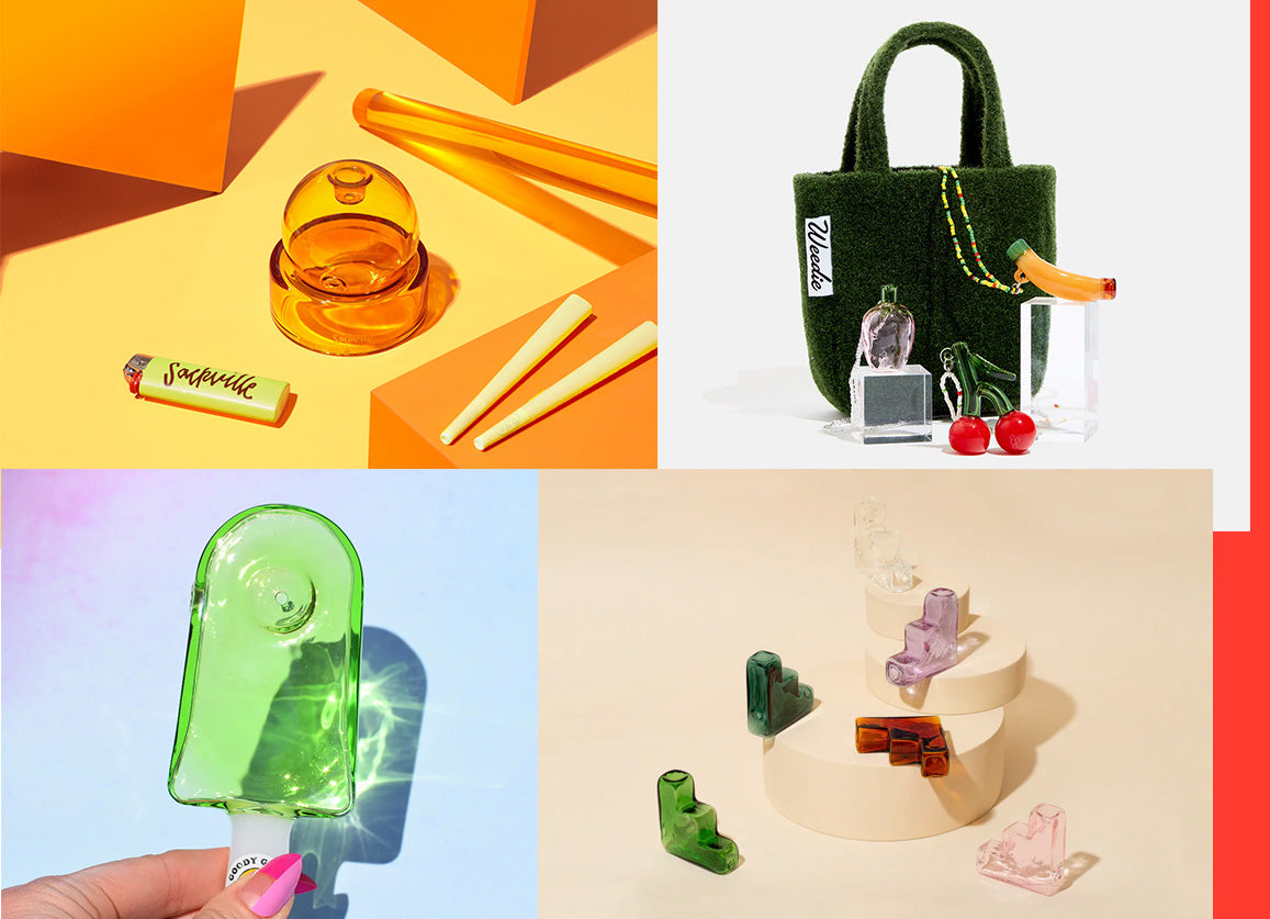 A collage of photographs featuring a woman holding a green glass popsicle, a lighter, and a green tote bag.