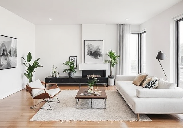 minimalist living room with green plants