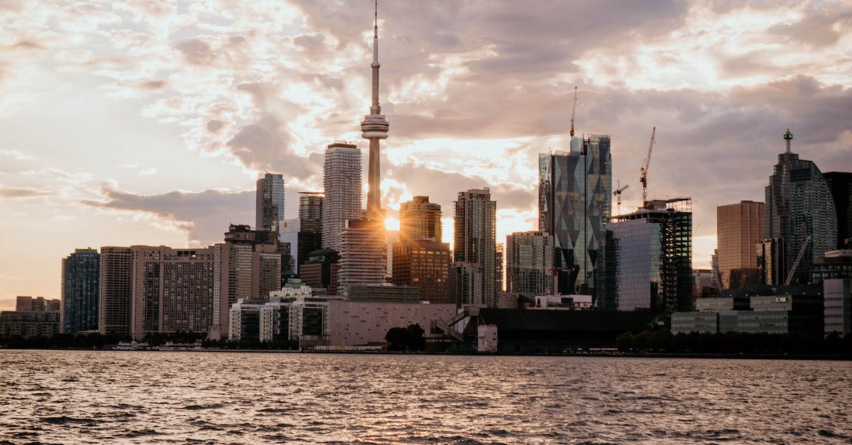 A city skyline with tall buildings and a large body of water in the foreground, bathed in the warm hues of a sunset.